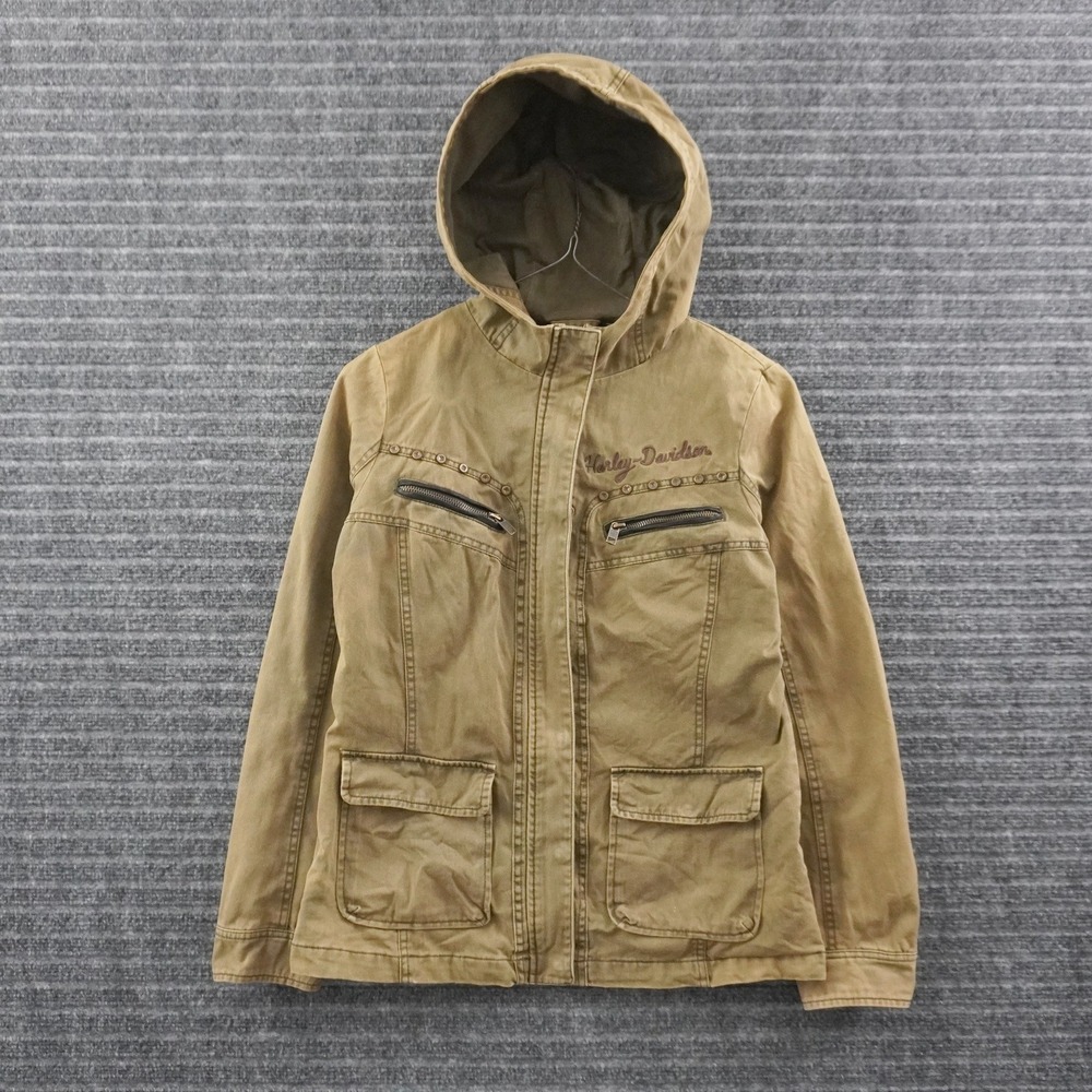 Vintage Harley-Davidson Hooded Field Jacket Womens S Brown Studded Canvas Logo